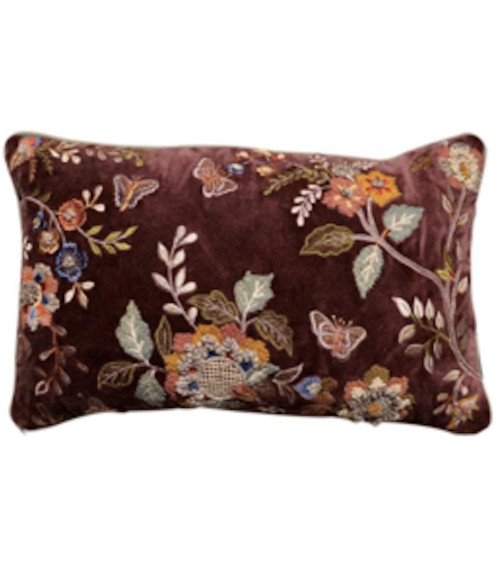 Coussin en velours marron et broderies