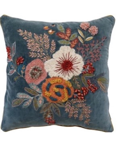 Coussin en velours bleu et broderies