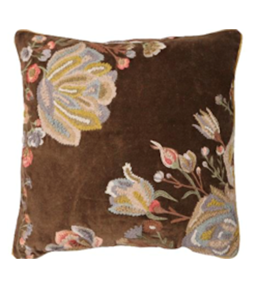 Coussin en velours marron et broderies