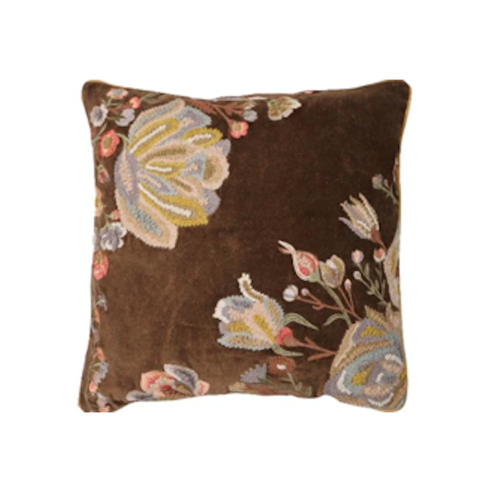 Coussin en velours marron et broderies