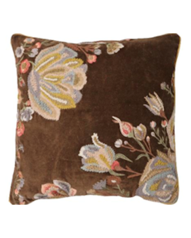 Coussin en velours marron et broderies